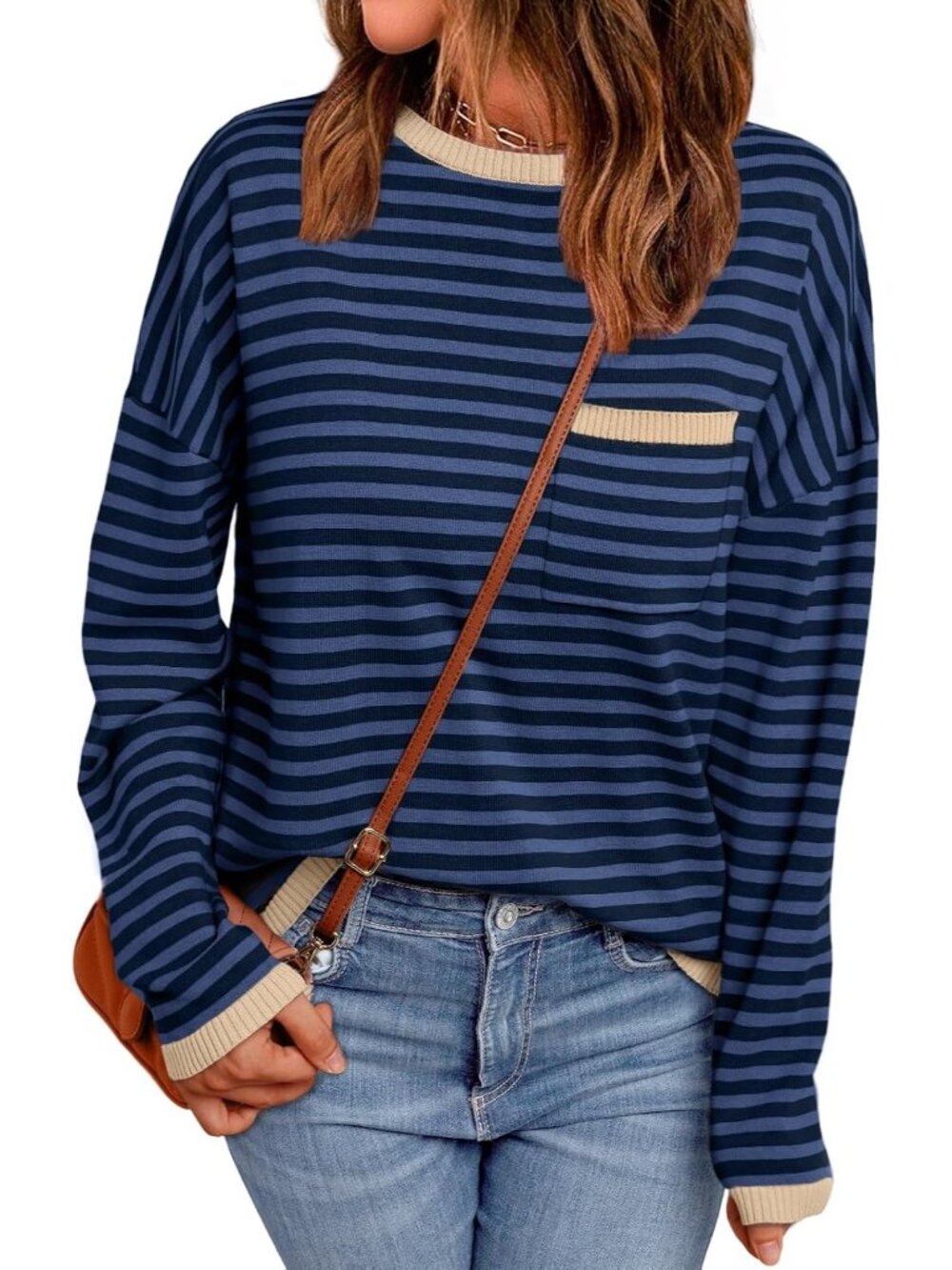 Womens Blue Striped Ribbed Cuff Oversized Crew Neck Long Sleeve Pullover Sweater